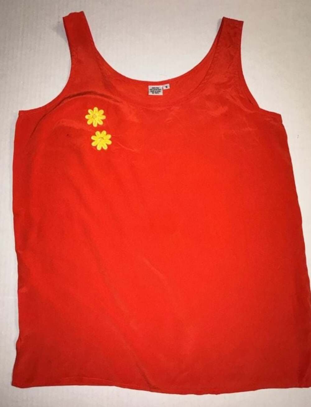 Women's Orange 100% Silk Tank Top with Floral Applique Details Size Small